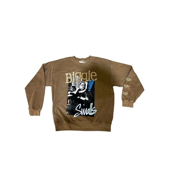 Vintage Biggie Smalls Hip Hop Rap Brown Crewneck Sweatshirt with Sleeve Print - Picture 2 of 5